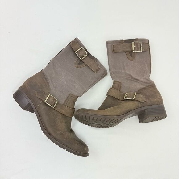 Hush Puppies Lola Brown Leather Canvas Buckle Side Zip Entry Mid Calf Boots - Picture 7 of 16